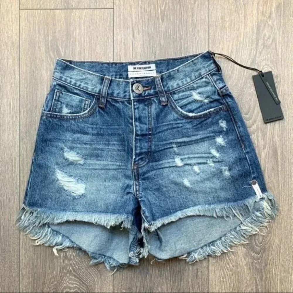 Revolve One Teaspoon High Waist Bonita Jean Short Fringe Blue Distressed Cutoffs - Picture 5 of 15